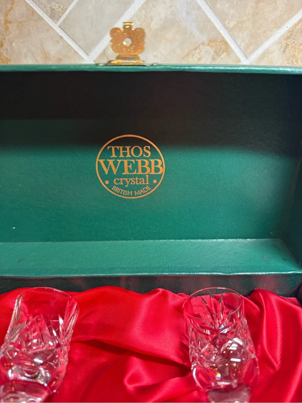 Thos Webb Crystal Cut Cordial Liqueur Glasses, pair with original box, England.